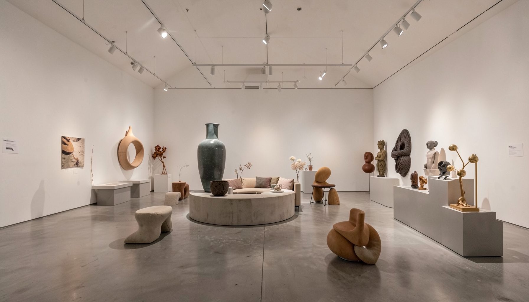 A contemporary design fair interior with sculptural furniture and lighting installations under soft gallery lighting